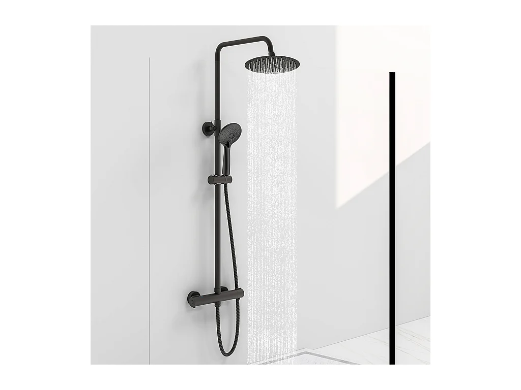 Colonna doccia idromassaggio con rubinetto termostatico, soffione doccia rotondo 20x20cm in acciaio inox, nero opaco