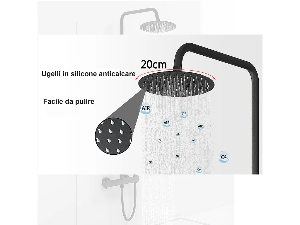 Colonna doccia idromassaggio con rubinetto termostatico, soffione doccia rotondo 20x20cm in acciaio inox, nero opaco