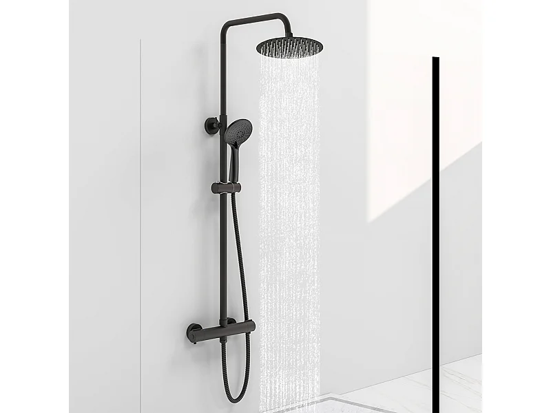 Colonna doccia idromassaggio con rubinetto termostatico, soffione doccia rotondo 20x20cm in acciaio inox, nero opaco