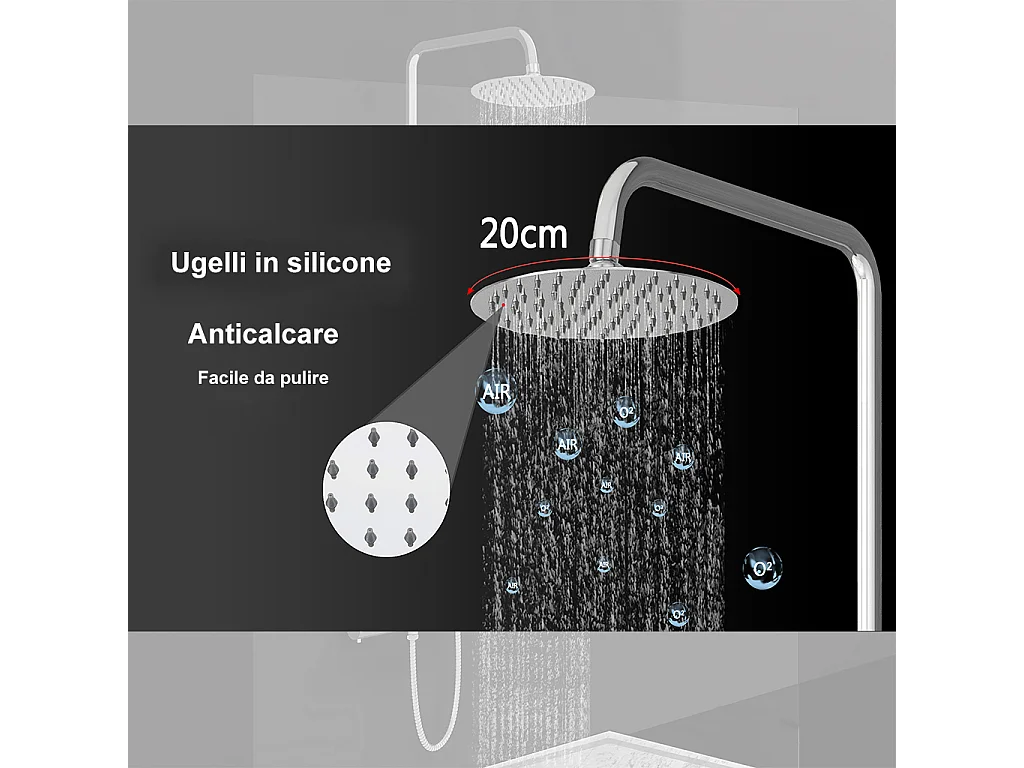 Colonna doccia idromassaggio con rubinetto termostatico, soffione doccia rotondo 20x20cm in acciaio inox, cromato lucido