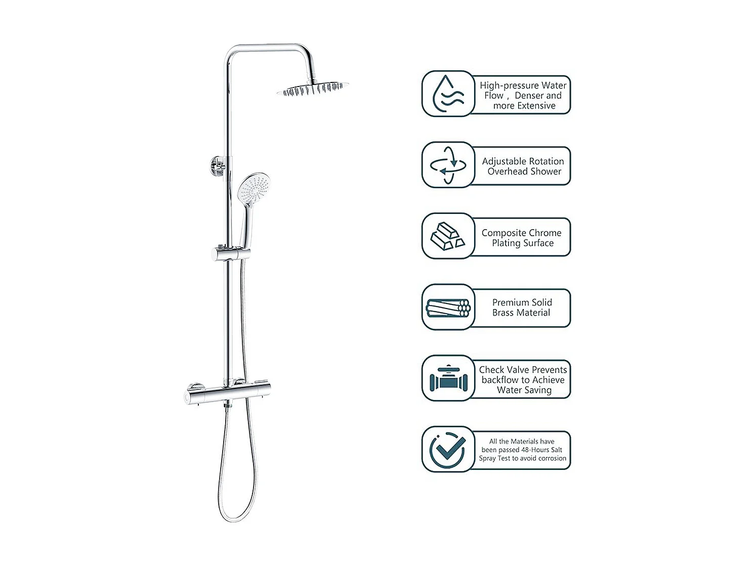 Colonna doccia idromassaggio con rubinetto termostatico, soffione doccia rotondo 20x20cm in acciaio inox, cromato lucido