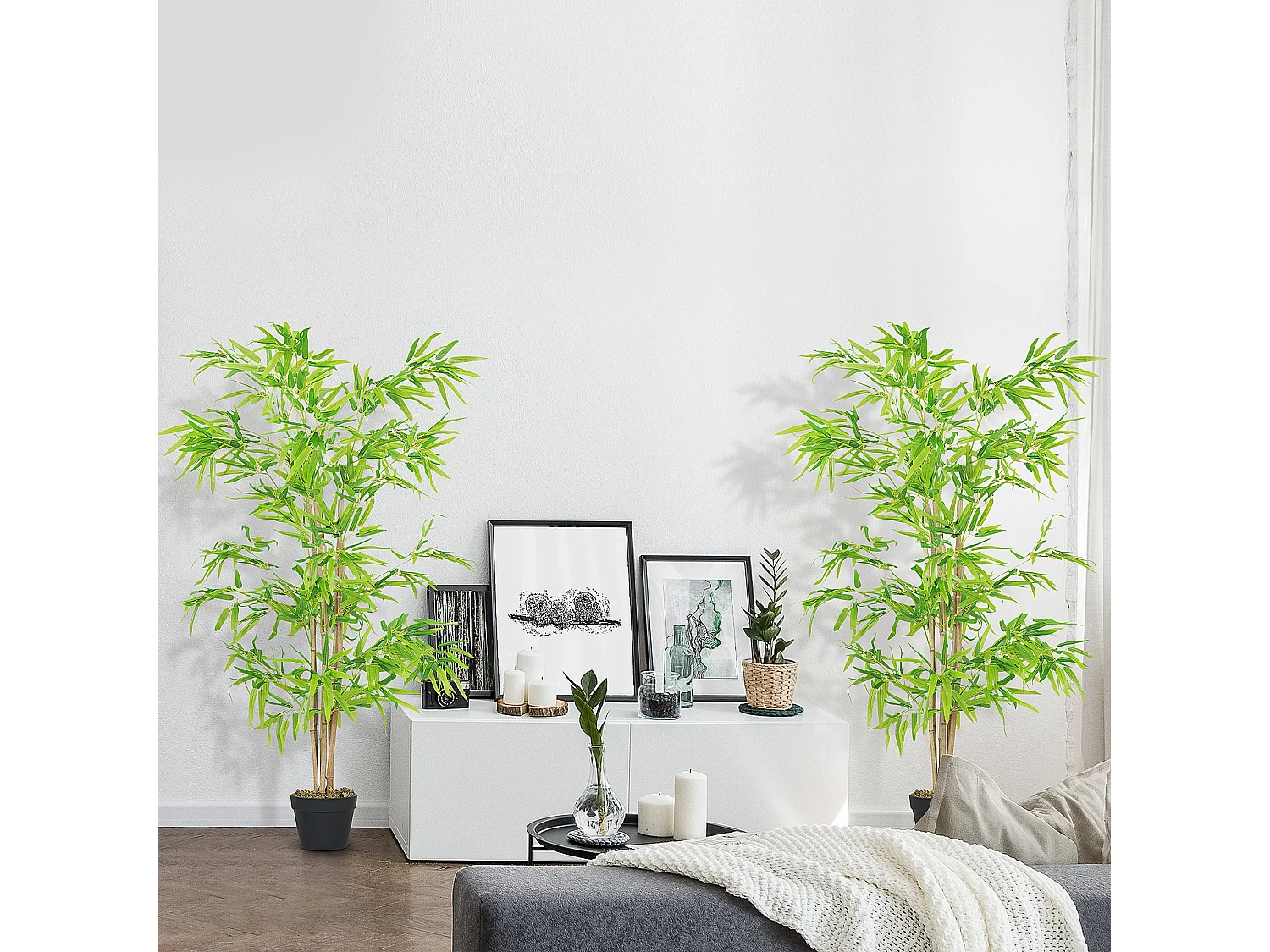 Outsunny Lot de 2 Bambous artificiels hauteur 1,5 m 644 feuilles denses réalistes pot inclus noir avec lichen vert