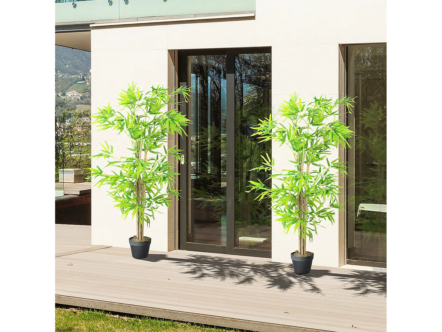 Outsunny Lot de 2 Bambous artificiels hauteur 1,5 m 644 feuilles denses réalistes pot inclus noir avec lichen vert