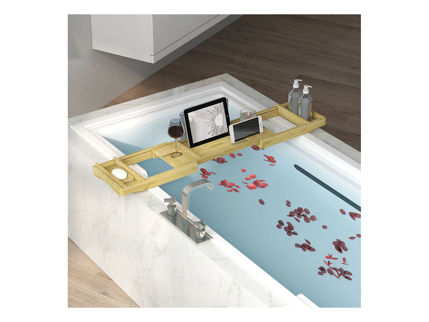 Pont plateau de baignoire extensible 75-109L cm - porte-gobelet et savon - bambou verni