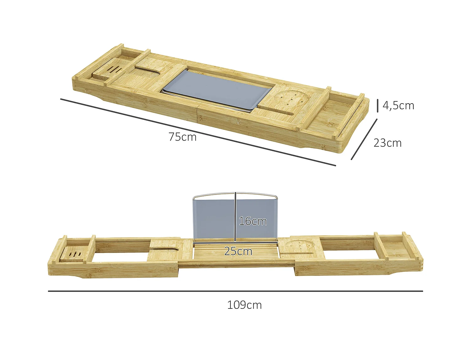 Pont plateau de baignoire extensible 75-109L cm - porte-gobelet et savon - bambou verni