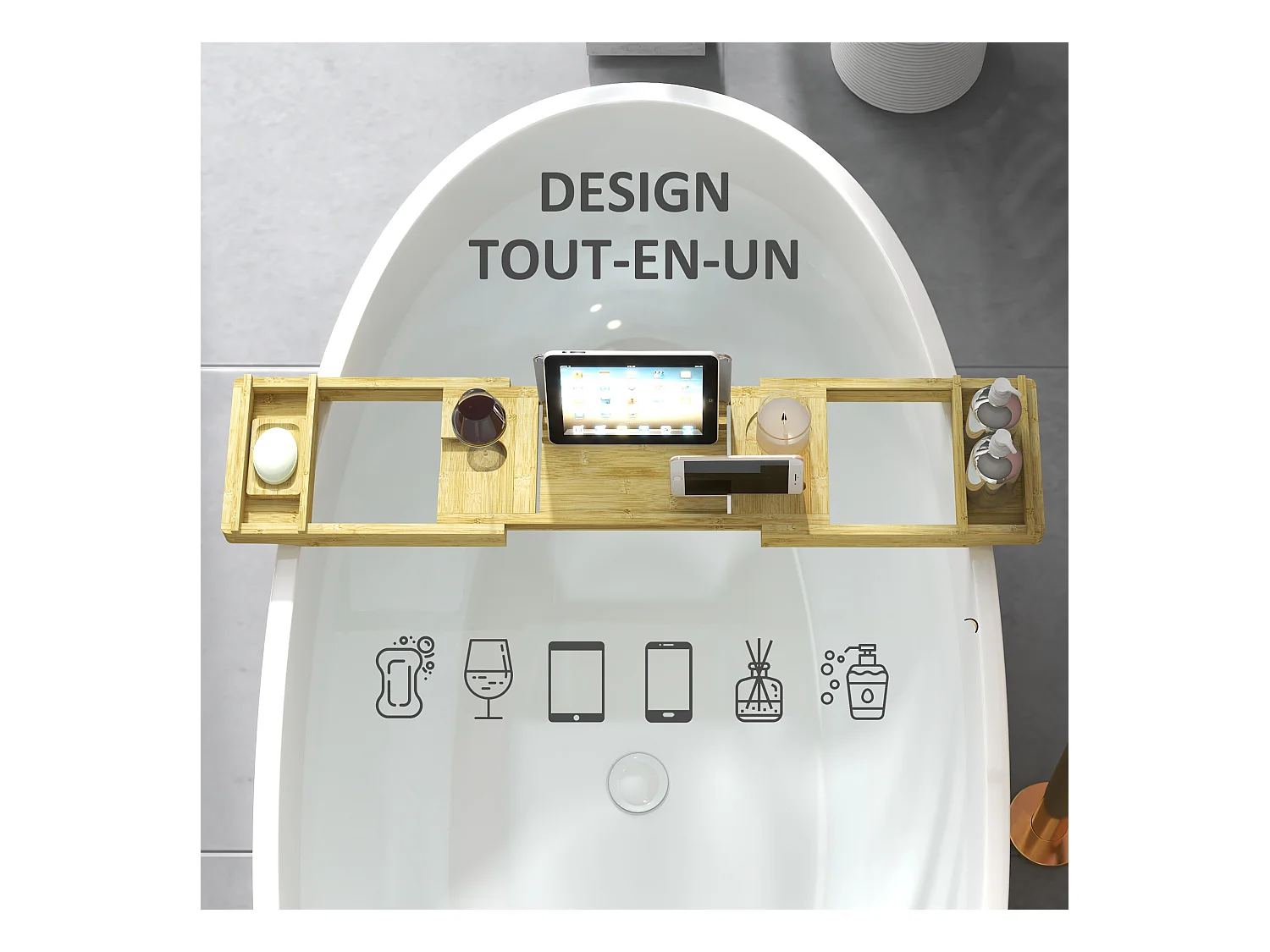 Pont plateau de baignoire extensible 75-109L cm - porte-gobelet et savon - bambou verni