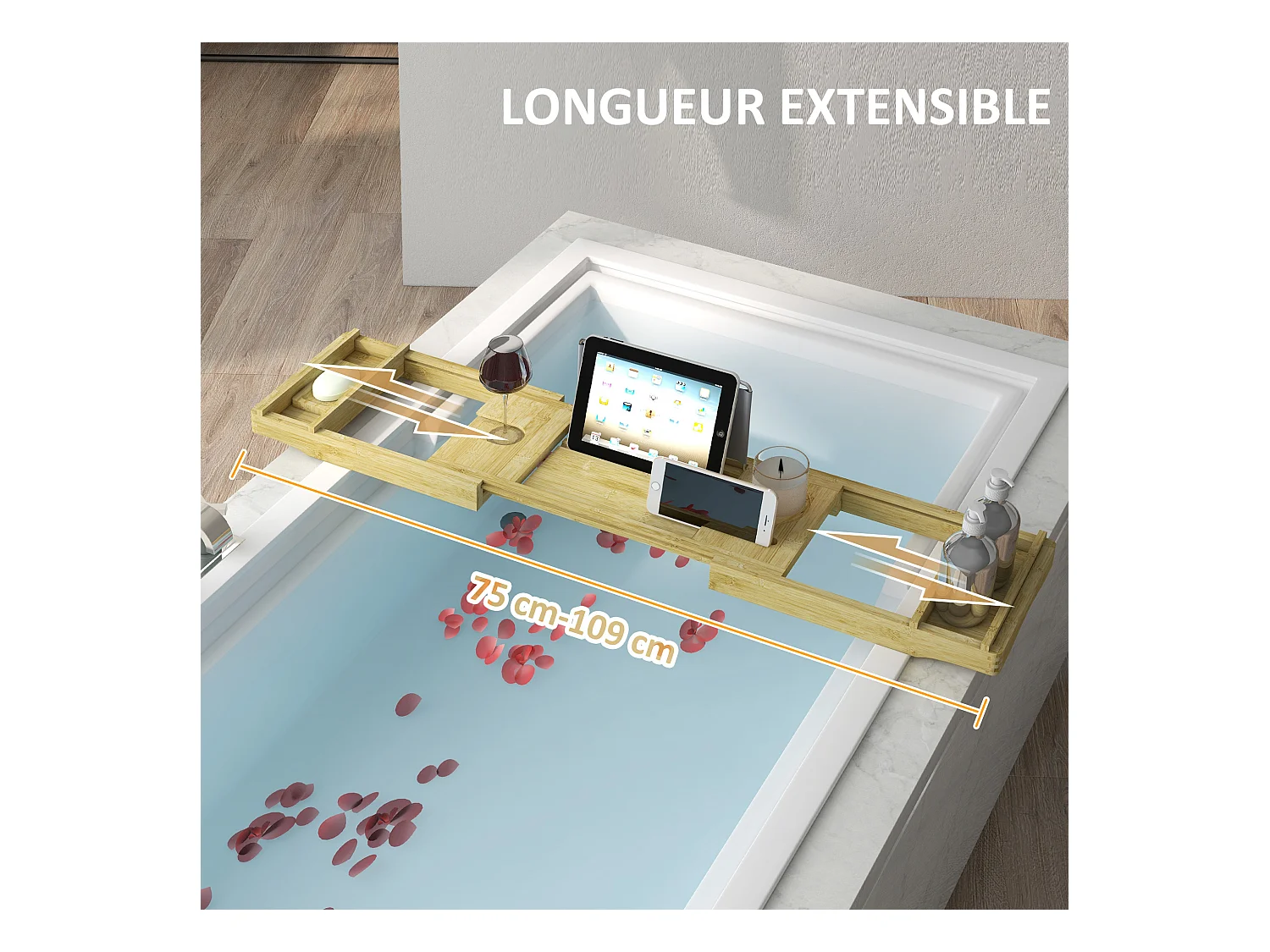 Pont plateau de baignoire extensible 75-109L cm - porte-gobelet et savon - bambou verni
