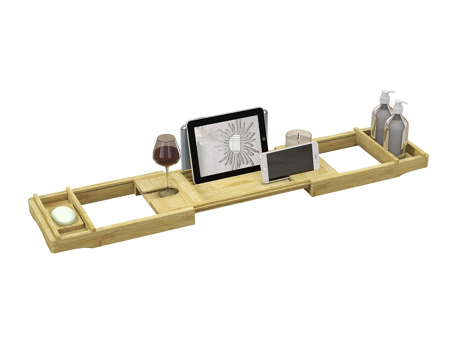 Pont plateau de baignoire extensible 75-109L cm - porte-gobelet et savon - bambou verni