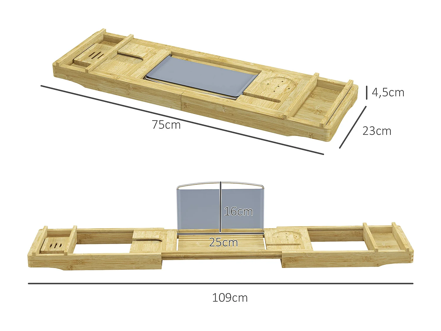 Pont plateau de baignoire extensible 75-109L cm - porte-gobelet et savon - bambou verni