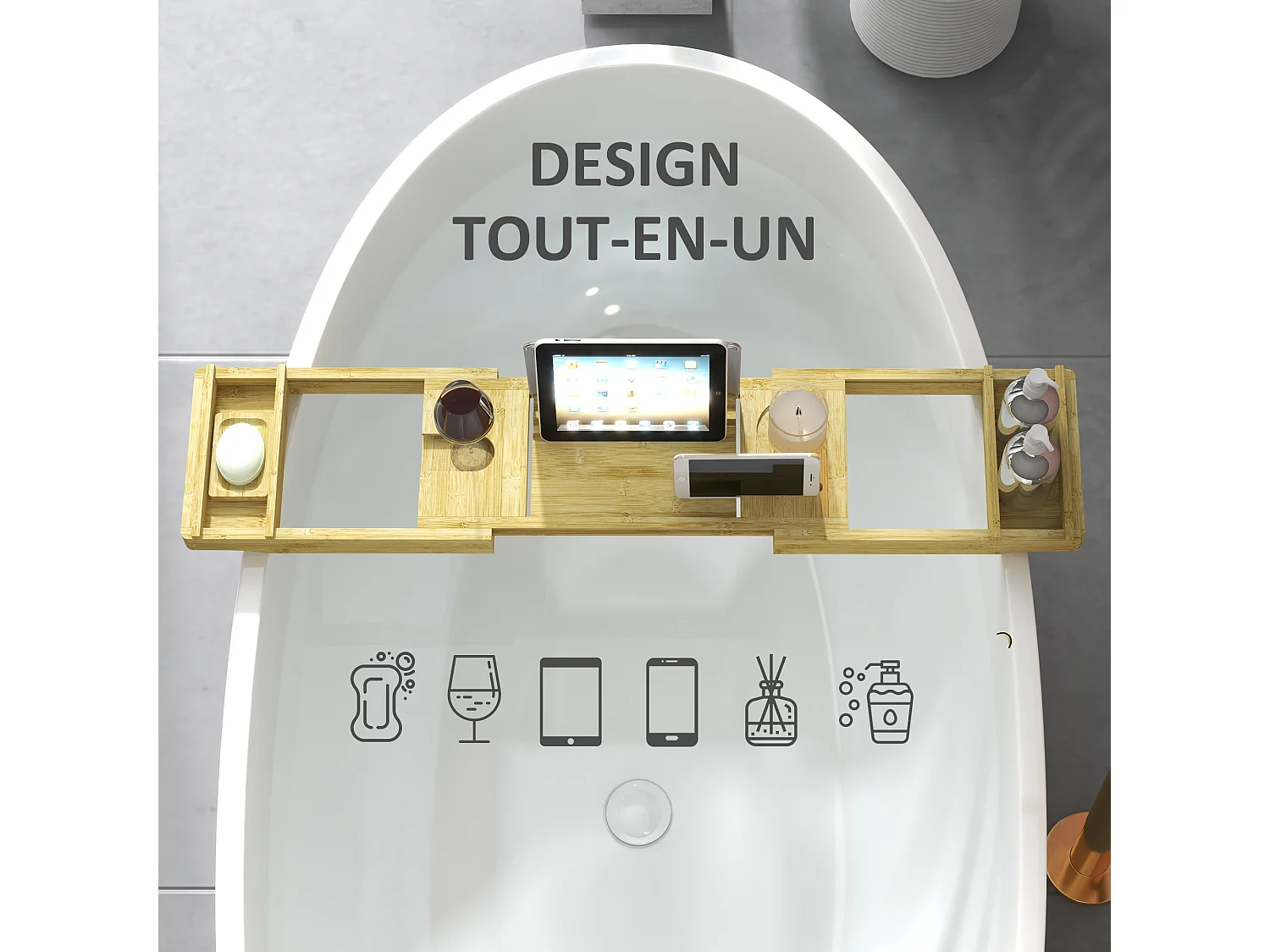 Pont plateau de baignoire extensible 75-109L cm - porte-gobelet et savon - bambou verni