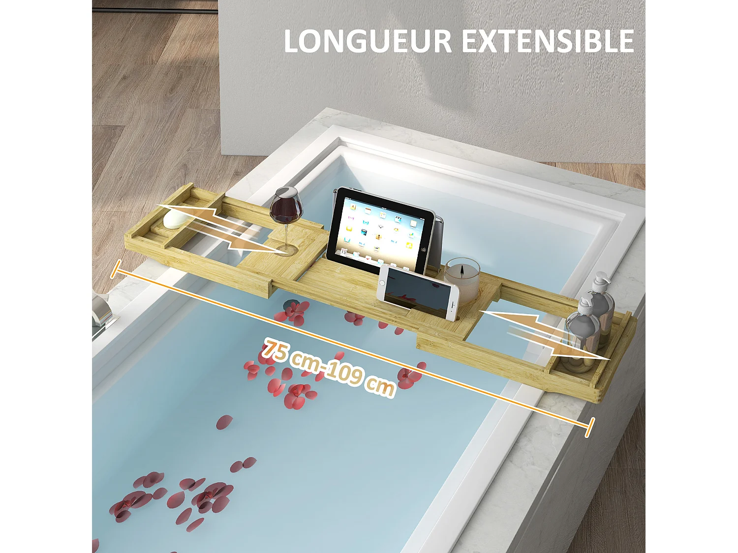 Pont plateau de baignoire extensible 75-109L cm - porte-gobelet et savon - bambou verni