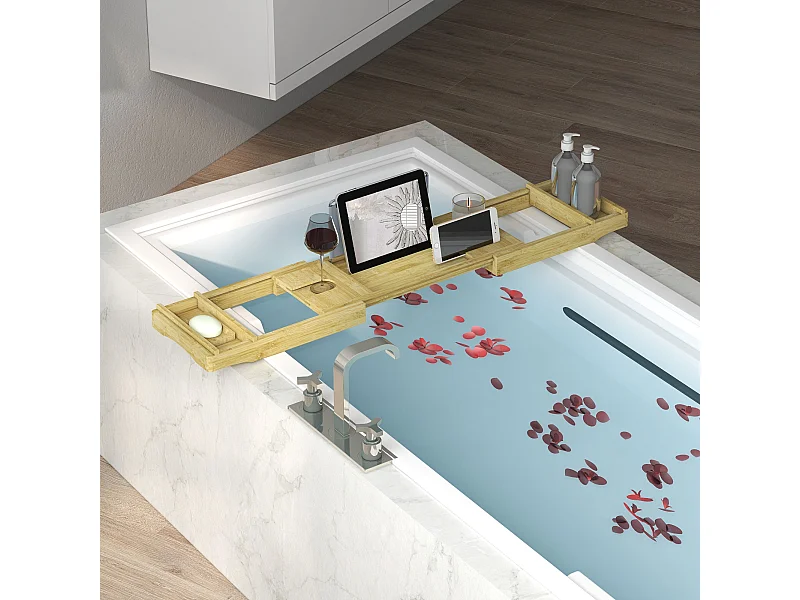 Pont plateau de baignoire extensible 75-109L cm - porte-gobelet et savon - bambou verni