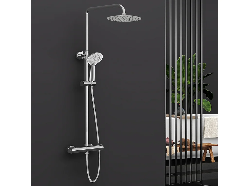 Colonna doccia idromassaggio con rubinetto termostatico, soffione rotondo 25x25cm in acciaio inox, cromato lucido