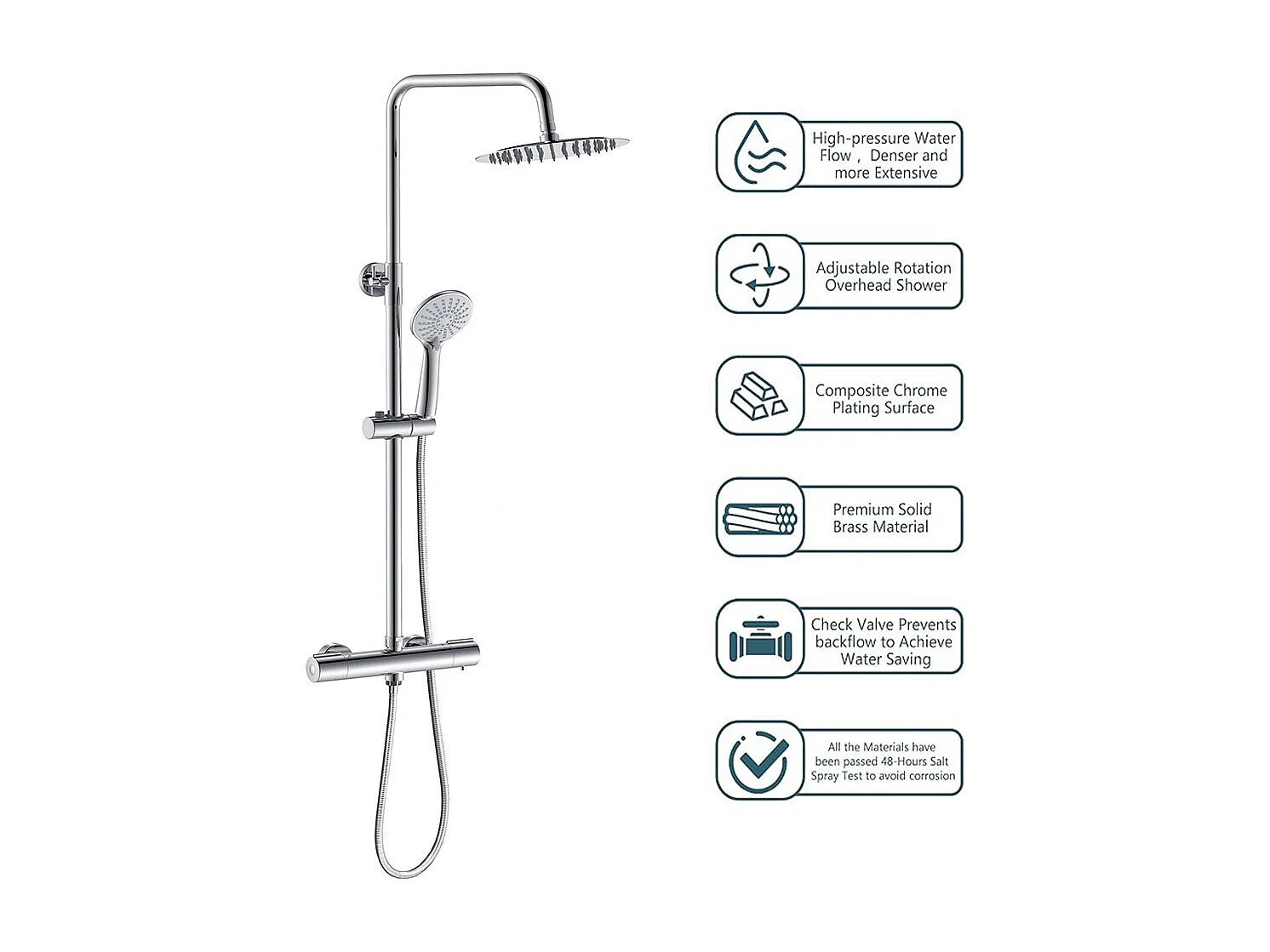 Colonna doccia idromassaggio con rubinetto termostatico, soffione rotondo 25x25cm in acciaio inox, cromato lucido