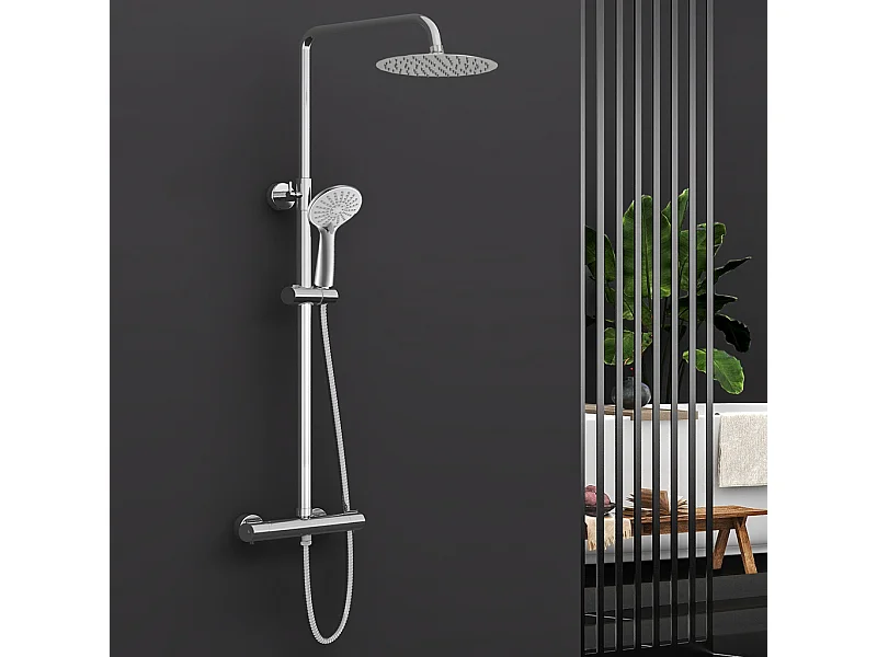 Colonna doccia idromassaggio con rubinetto termostatico, soffione rotondo 25x25cm in acciaio inox, cromato lucido