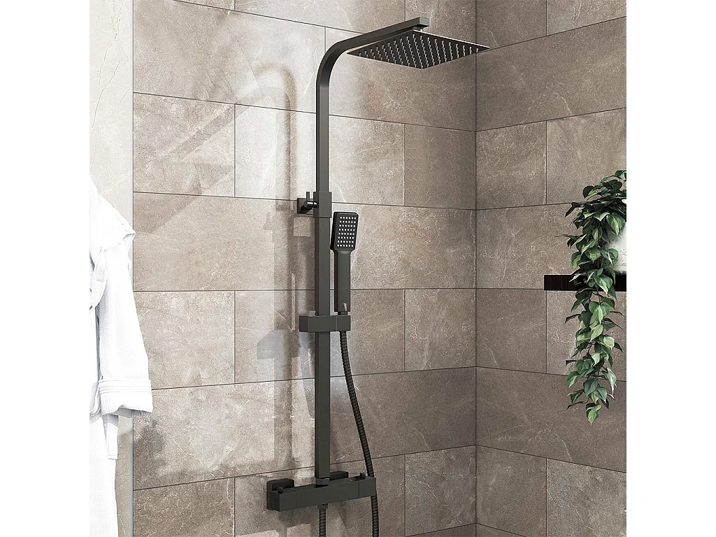 Colonne Doccia Termostatiche, Sistema Doccia con Miscelatore Termostatico a 38℃ e Soffione Quadrato Altezza Regolabile 73-115cm Nero