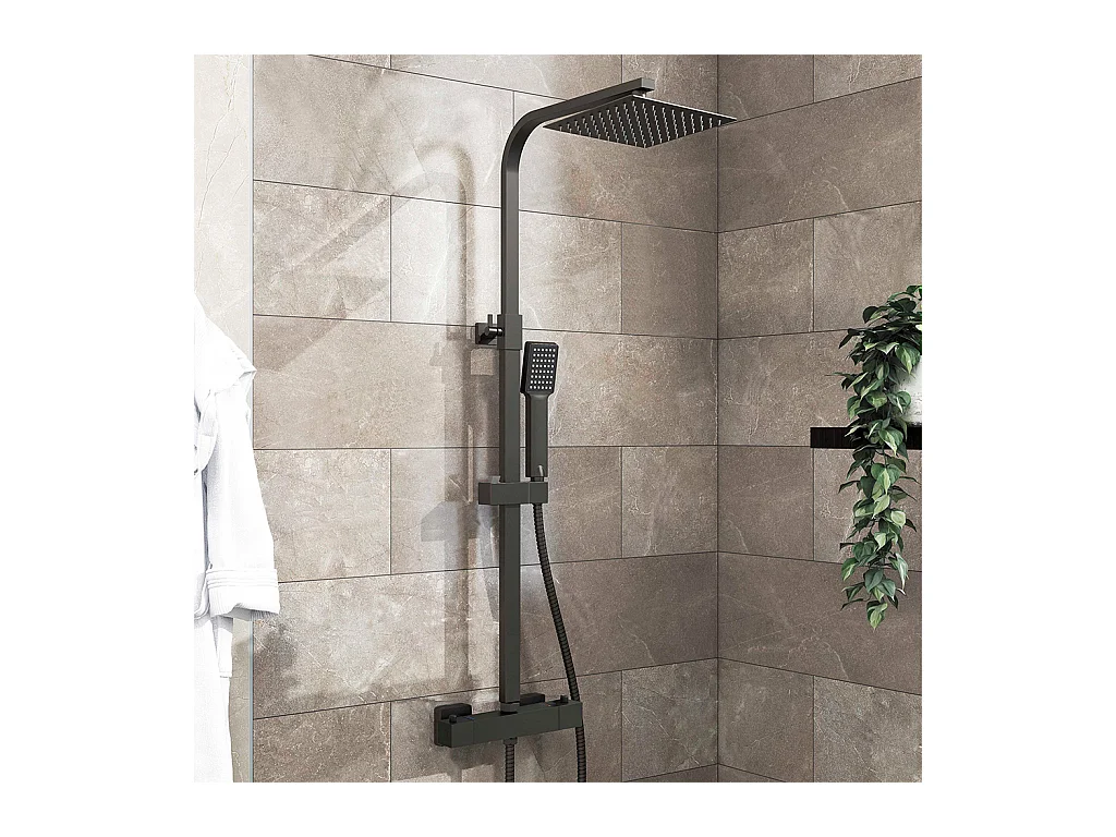 Colonne Doccia Termostatiche, Sistema Doccia con Miscelatore Termostatico a 38℃ e Soffione Quadrato Altezza Regolabile 73-115cm Nero