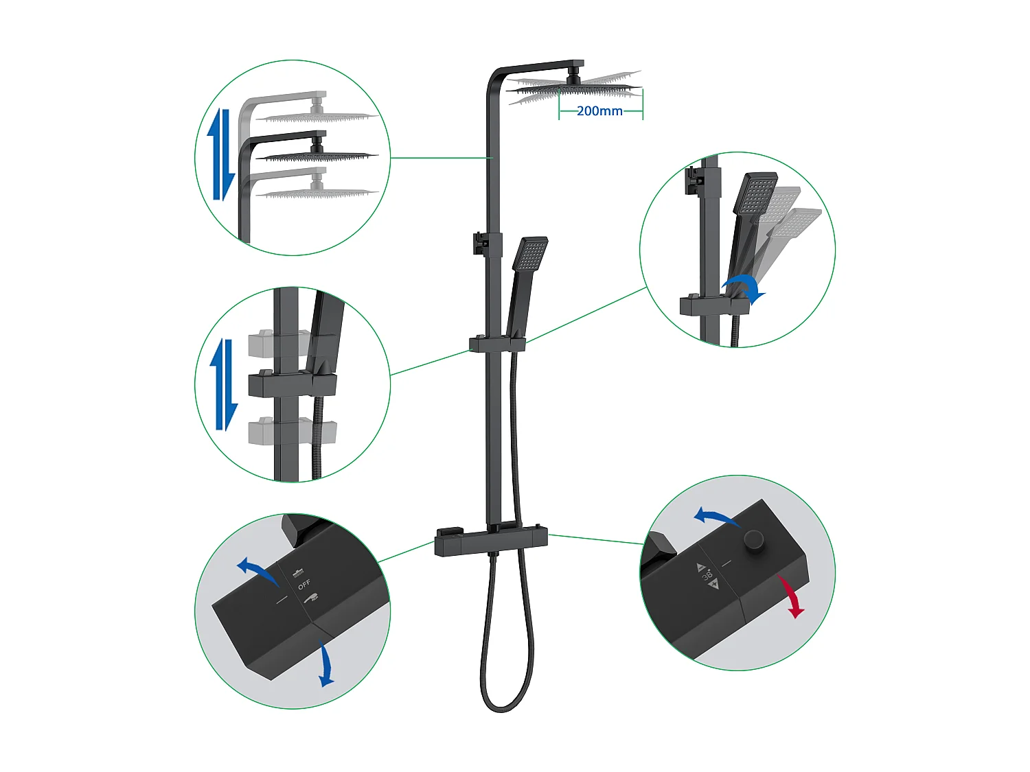 Colonne Doccia Termostatiche, Sistema Doccia con Miscelatore Termostatico a 38℃ e Soffione Quadrato Altezza Regolabile 73-115cm Nero
