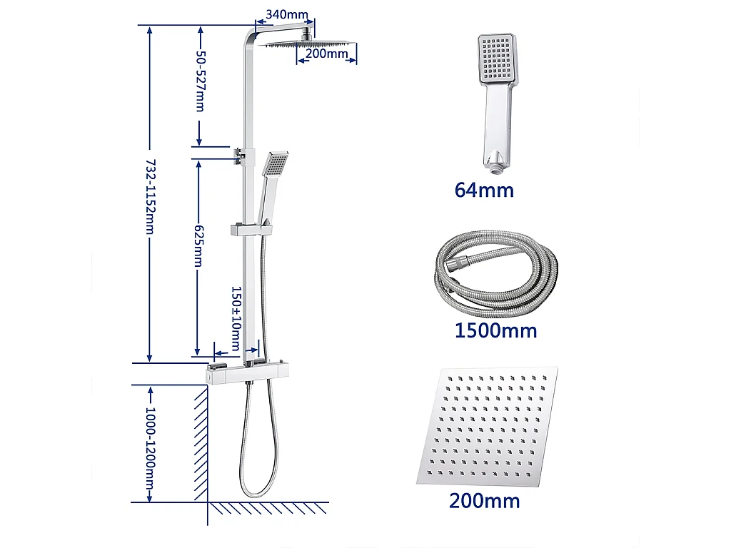 Colonne Doccia Termostatiche, Sistema Doccia con Miscelatore Termostatico a 38℃ e Soffione Quadrato Altezza Regolabile 73-115cm Cromo