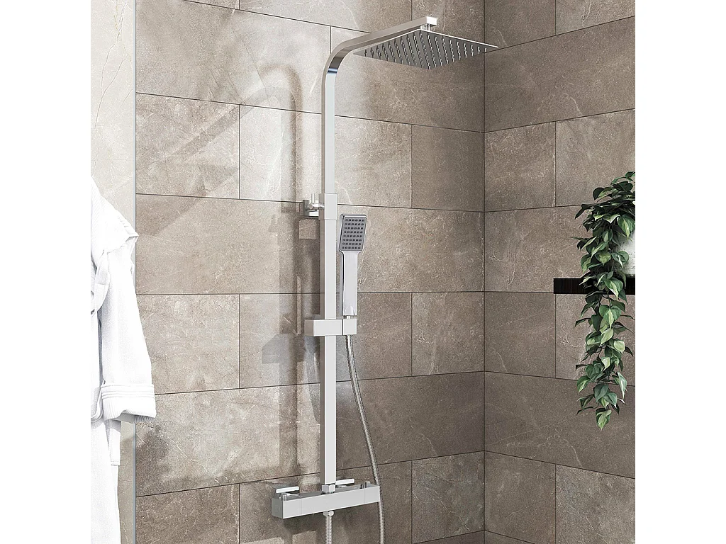 Colonne Doccia Termostatiche, Sistema Doccia con Miscelatore Termostatico a 38℃ e Soffione Quadrato Altezza Regolabile 73-115cm Cromo