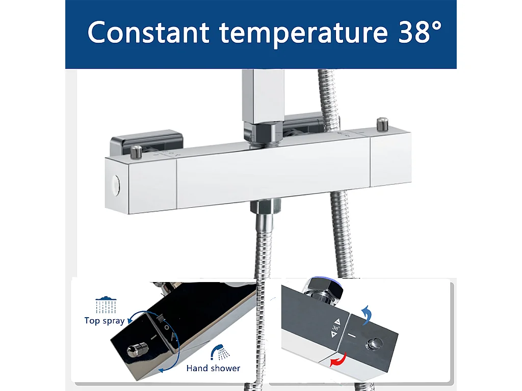 Colonne Doccia Termostatiche, Sistema Doccia con Miscelatore Termostatico a 38℃ e Soffione Quadrato Altezza Regolabile 73-115cm Cromo