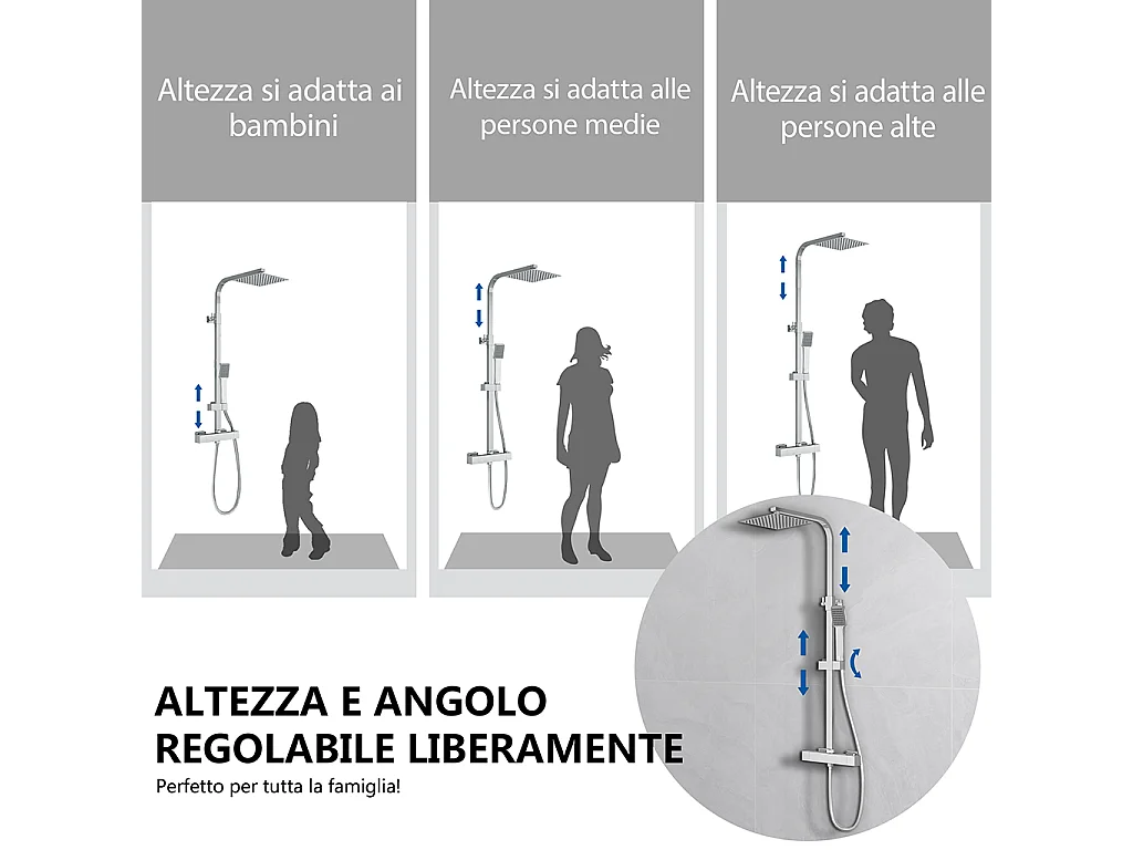 Colonne Doccia Termostatiche, Sistema Doccia con Miscelatore Termostatico a 38℃ e Soffione Quadrato Altezza Regolabile 73-115cm Cromo