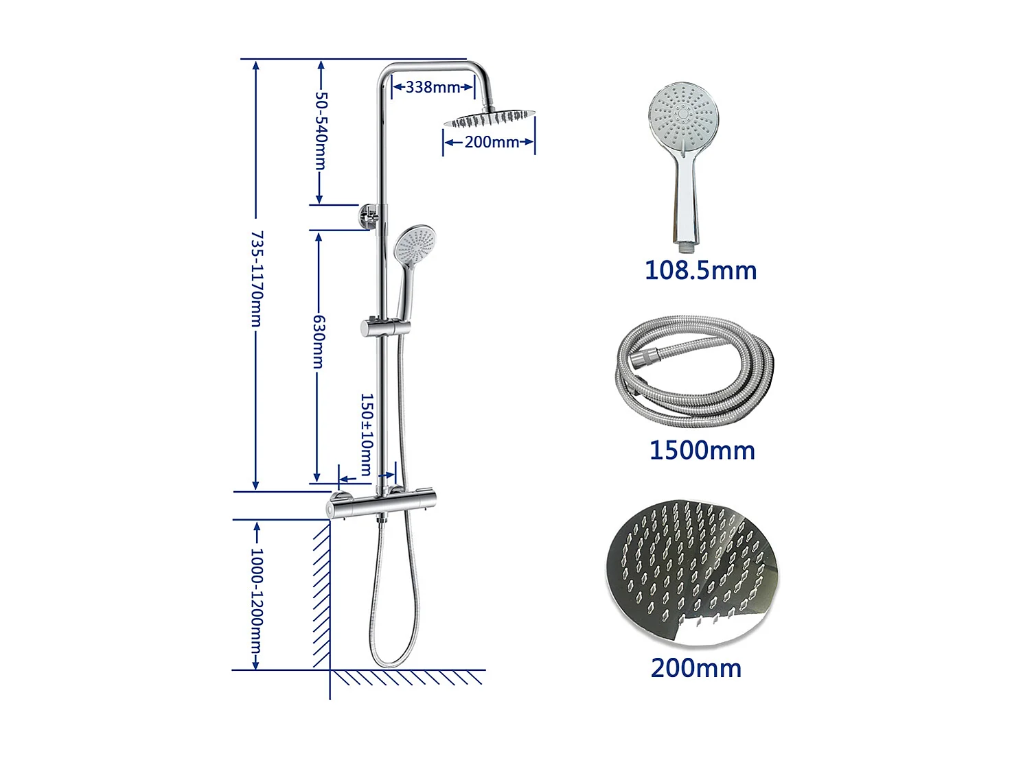 Colonne Doccia Termostatiche, Sistema Doccia con Miscelatore Termostatico a 38℃ e Doccetta Rotonda Altezza Regolabile 735-117cm Cromo