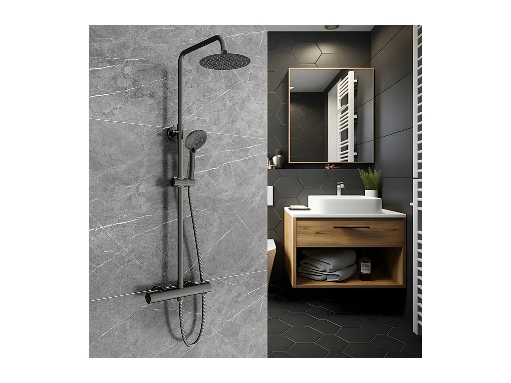 Colonne Doccia Termostatiche, Sistema Doccia con Miscelatore Termostatico a 38℃ e Doccetta Rotonda Altezza Regolabile 735-117cm Nero