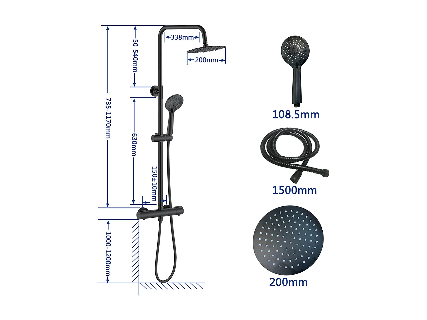 Colonne Doccia Termostatiche, Sistema Doccia con Miscelatore Termostatico a 38℃ e Doccetta Rotonda Altezza Regolabile 735-117cm Nero