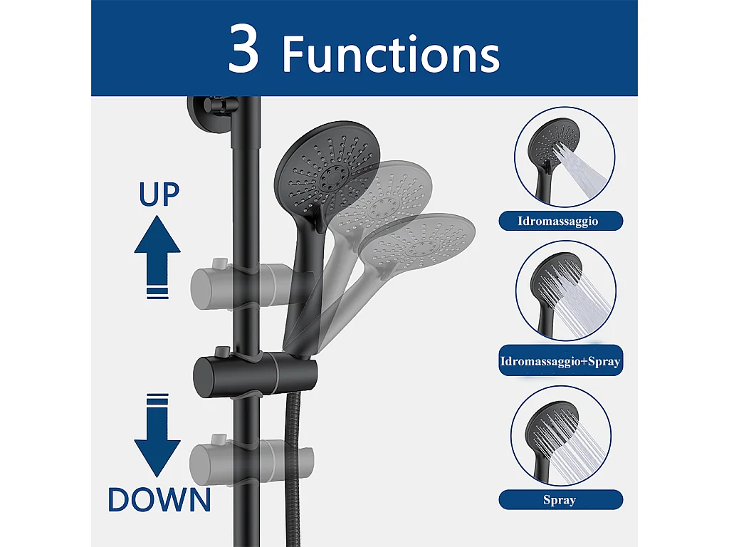 Colonne Doccia Termostatiche, Sistema Doccia con Miscelatore Termostatico a 38℃ e Doccetta Rotonda Altezza Regolabile 735-117cm Nero