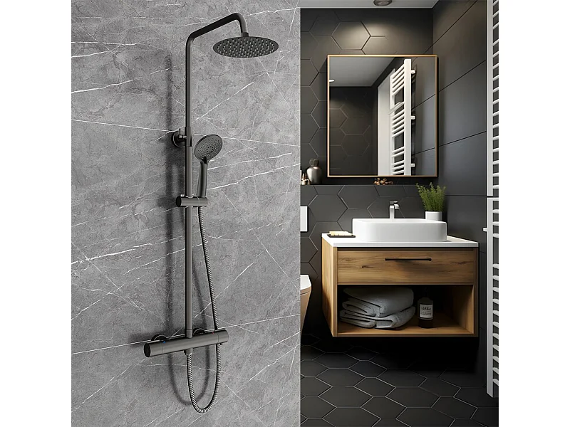 Colonne Doccia Termostatiche, Sistema Doccia con Miscelatore Termostatico a 38℃ e Doccetta Rotonda Altezza Regolabile 735-117cm Nero