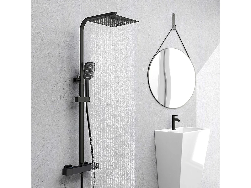Colonna doccia idromassaggio con rubinetto termostatico, soffione quadrato 25x25cm in acciaio inox, nero opaco