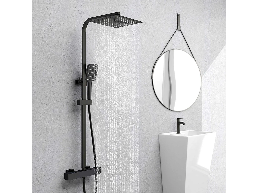 Colonna doccia idromassaggio con rubinetto termostatico, soffione quadrato 25x25cm in acciaio inox, nero opaco