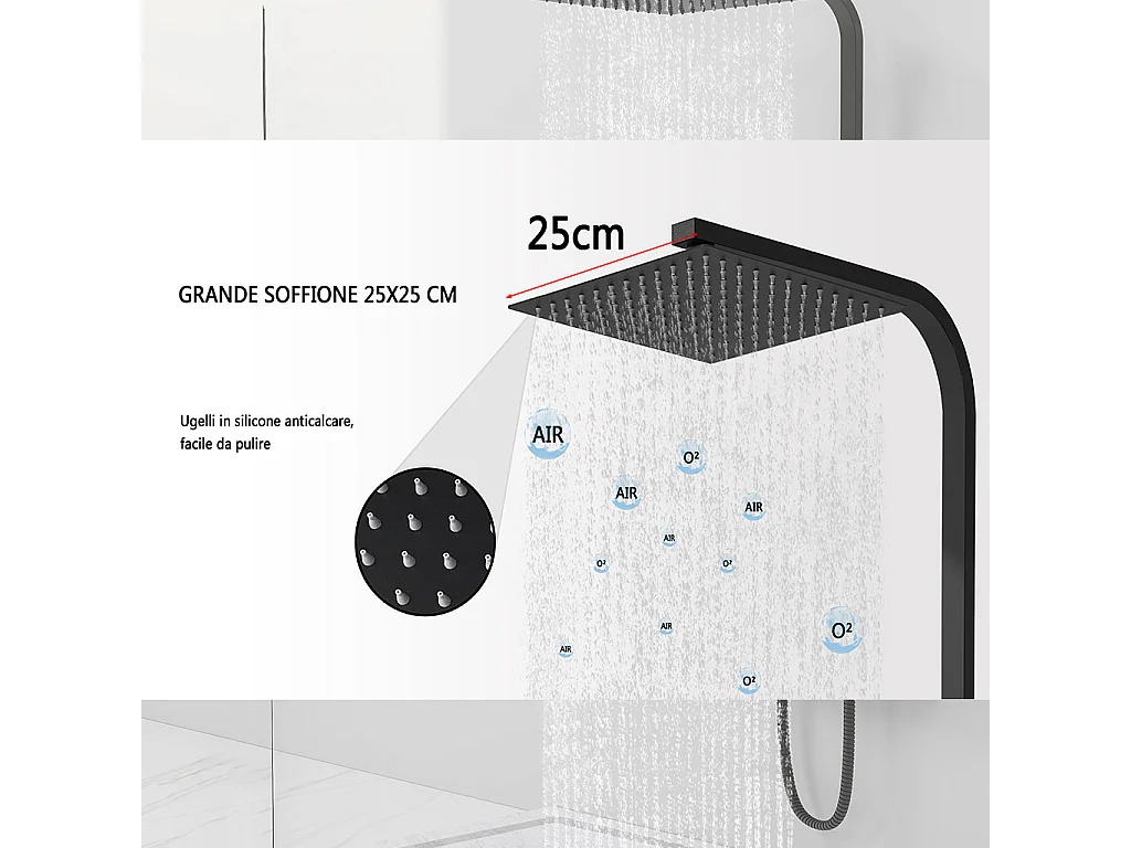 Colonna doccia idromassaggio con rubinetto termostatico, soffione quadrato 25x25cm in acciaio inox, nero opaco