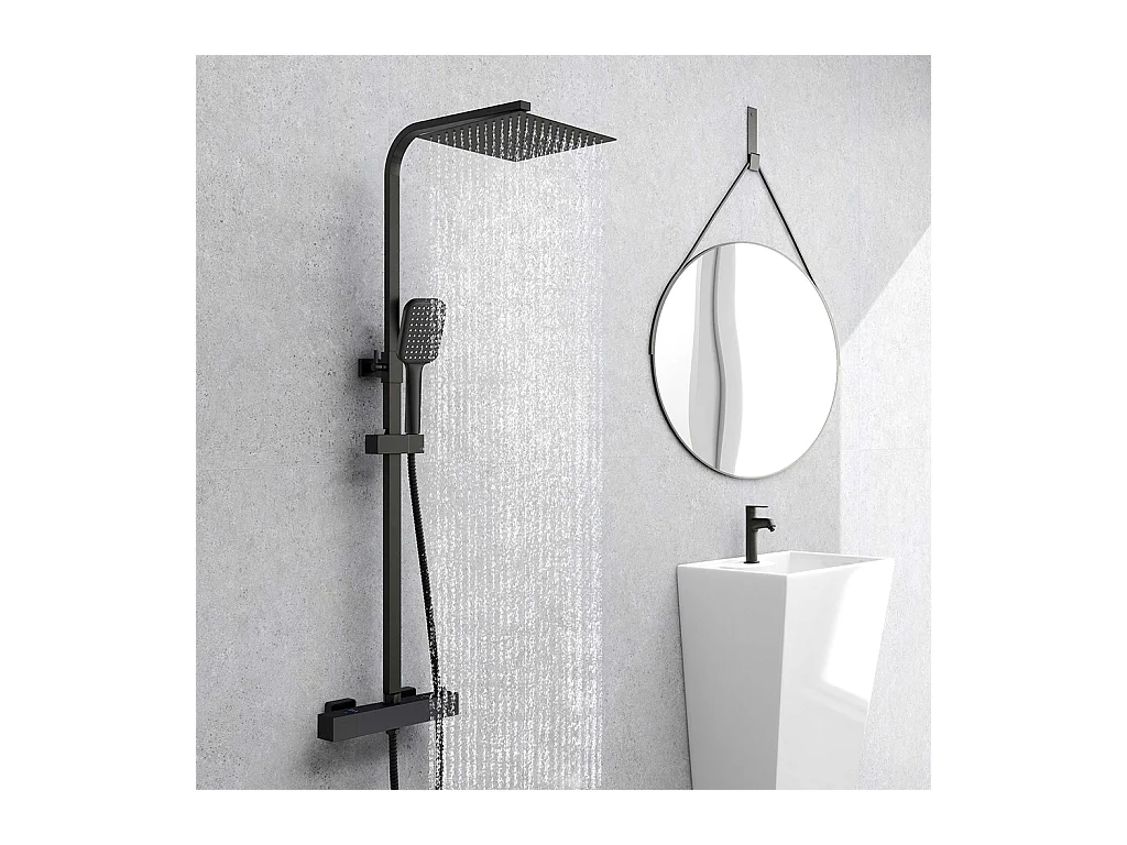 Colonna doccia idromassaggio con rubinetto termostatico, soffione quadrato 25x25cm in acciaio inox, nero opaco