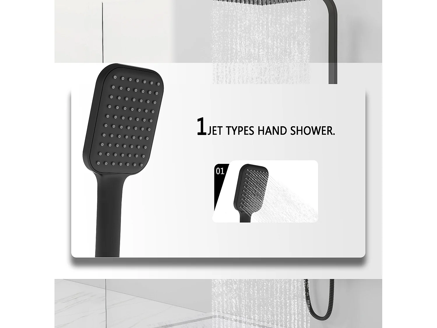 Colonna doccia idromassaggio con rubinetto termostatico, soffione quadrato 25x25cm in acciaio inox, nero opaco