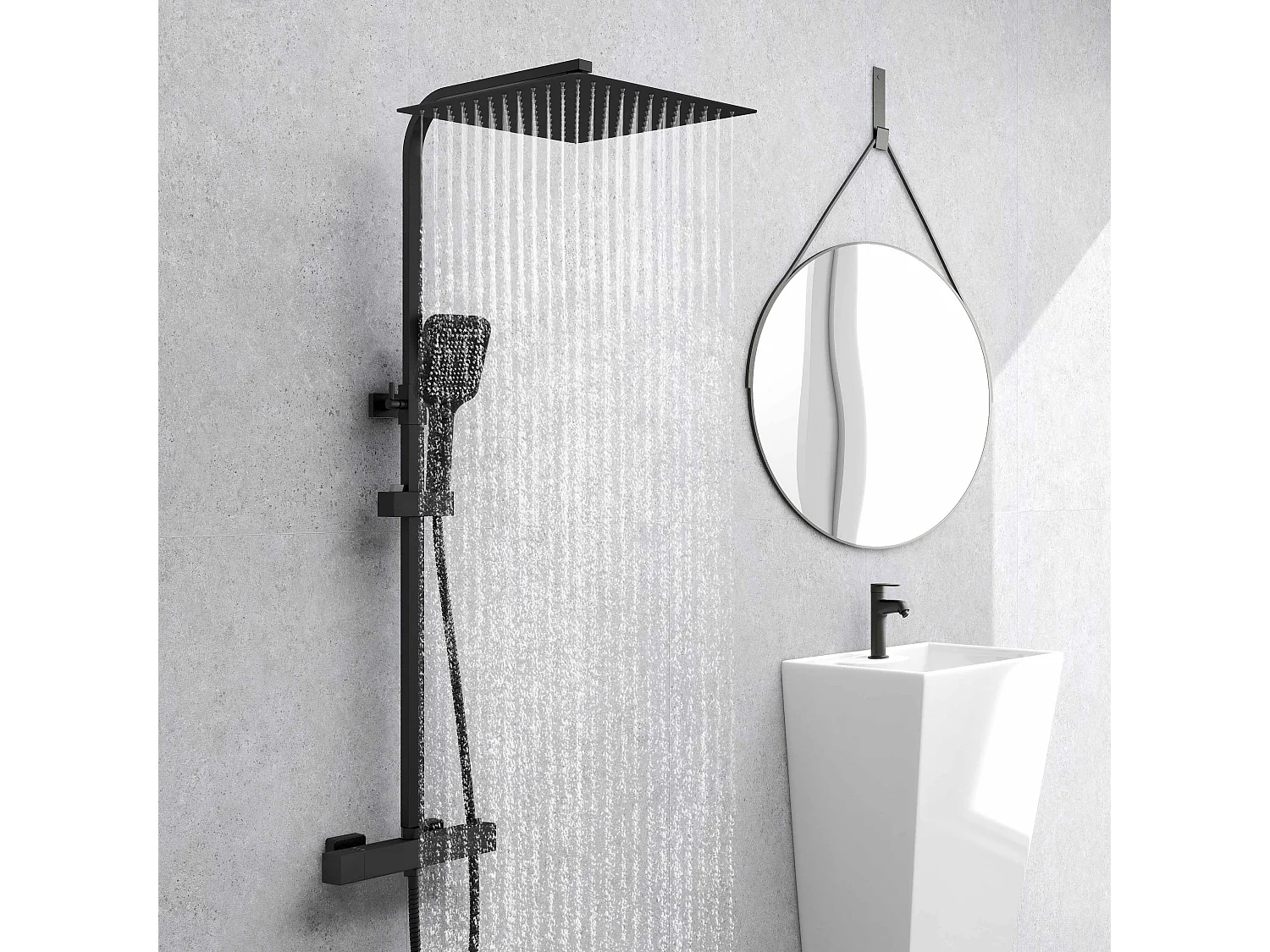 Colonna doccia idromassaggio con rubinetto termostatico, soffione quadrato 30x30cm in acciaio inox, nero opaco