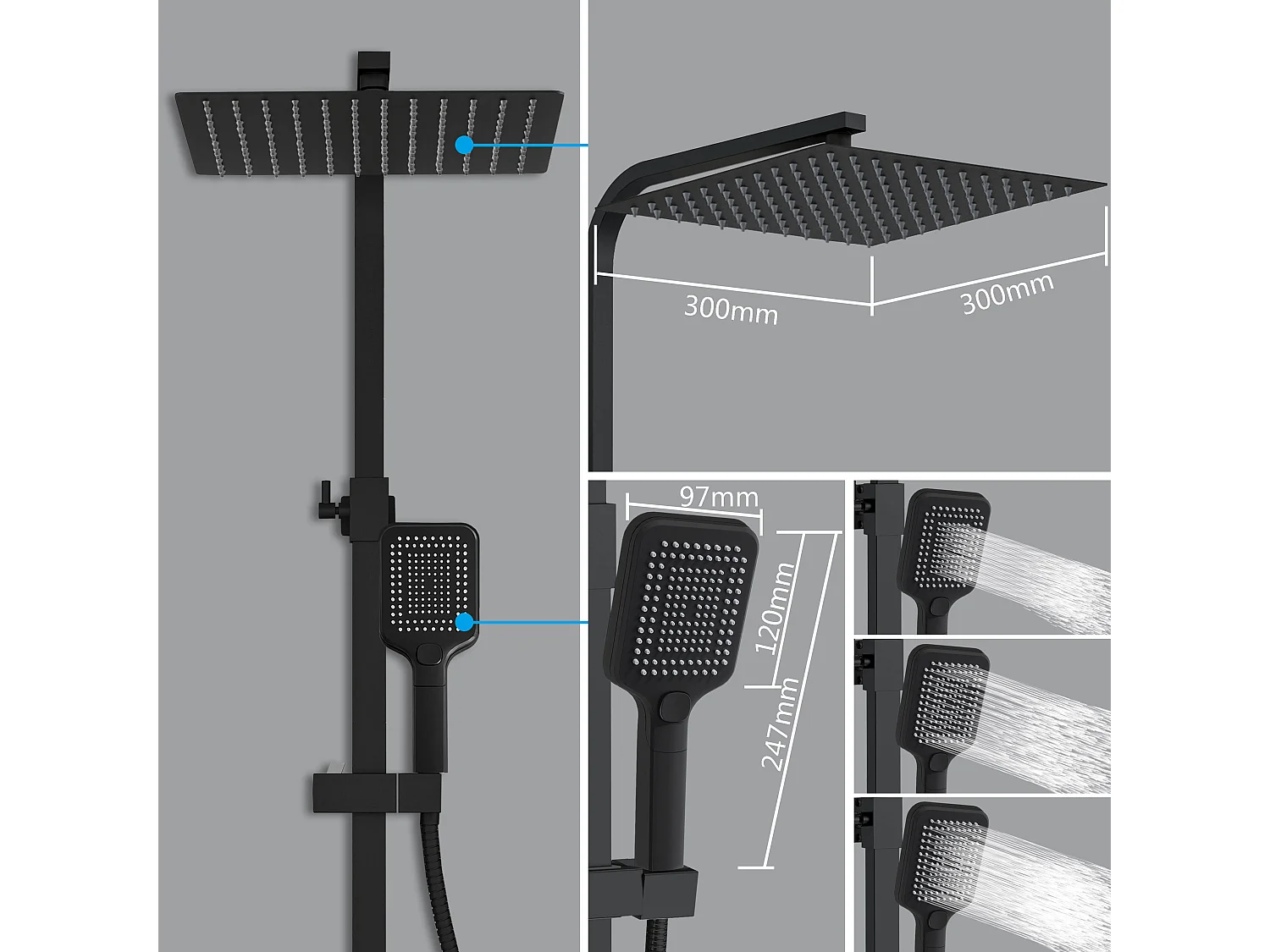 Colonna doccia idromassaggio con rubinetto termostatico, soffione quadrato 30x30cm in acciaio inox, nero opaco