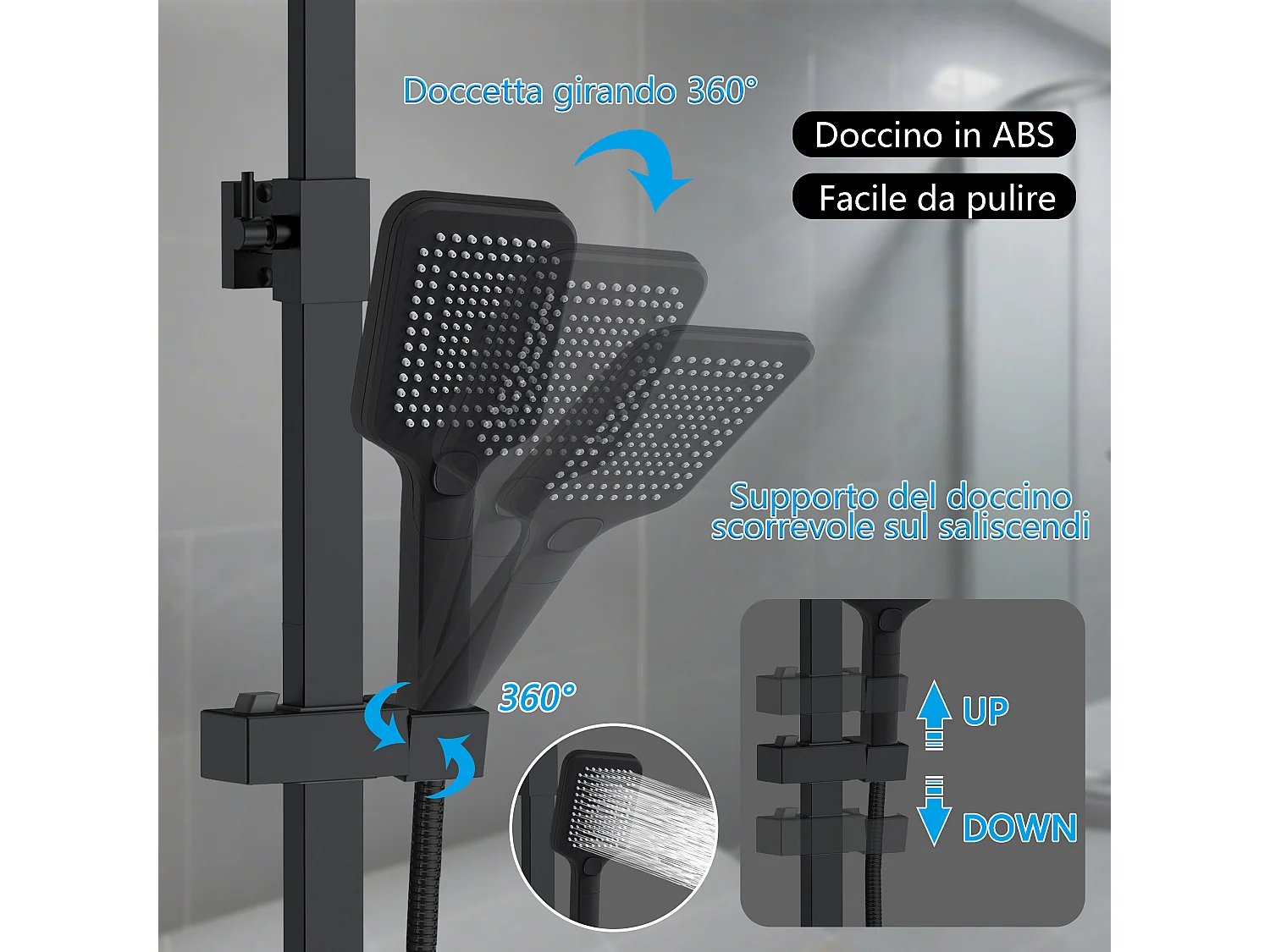 Colonna doccia idromassaggio con rubinetto termostatico, soffione quadrato 30x30cm in acciaio inox, nero opaco