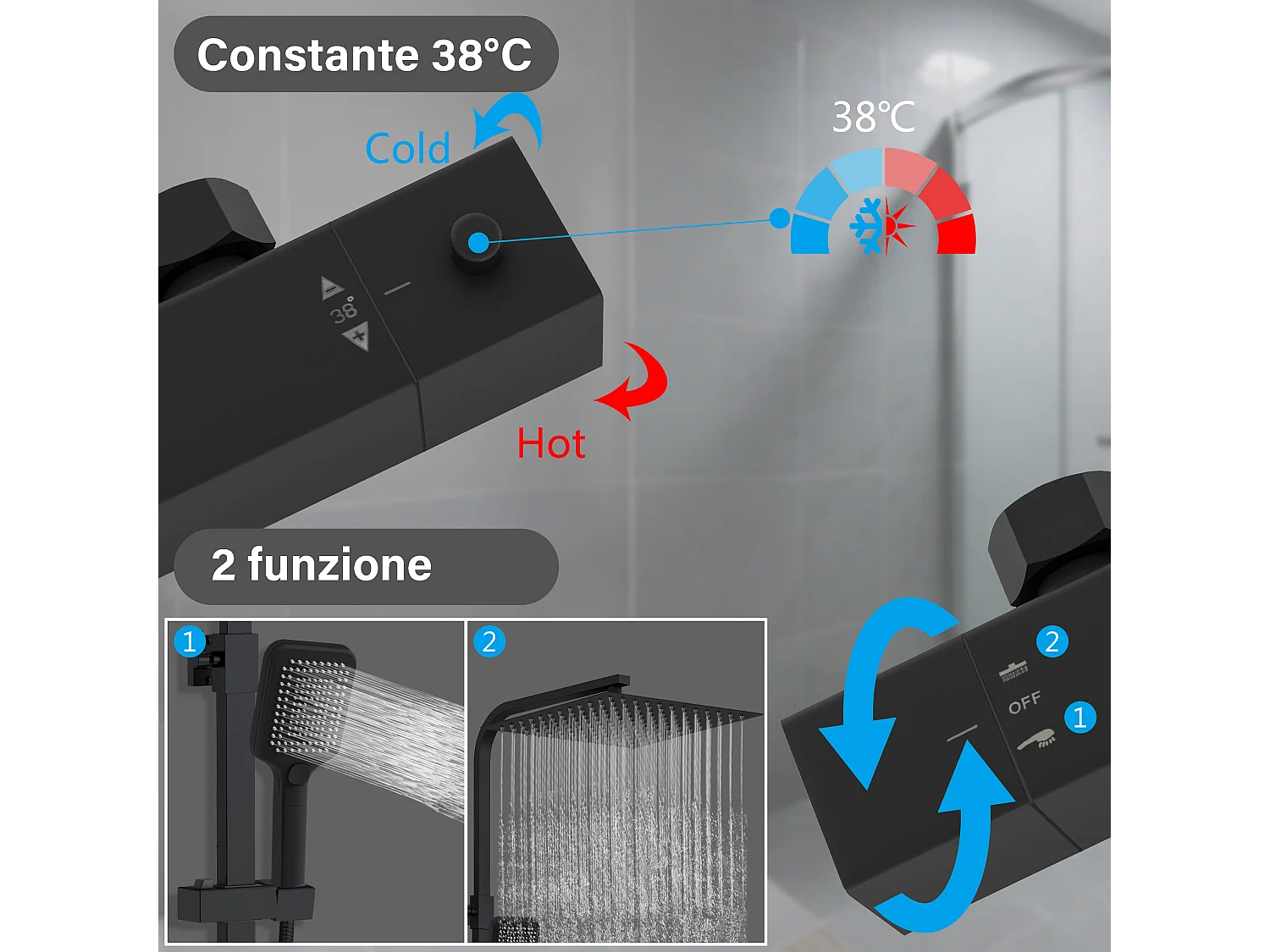 Colonna doccia idromassaggio con rubinetto termostatico, soffione quadrato 30x30cm in acciaio inox, nero opaco