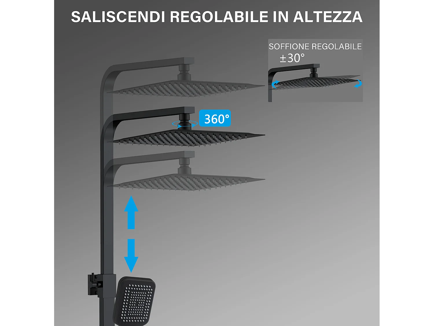 Colonna doccia idromassaggio con rubinetto termostatico, soffione quadrato 30x30cm in acciaio inox, nero opaco