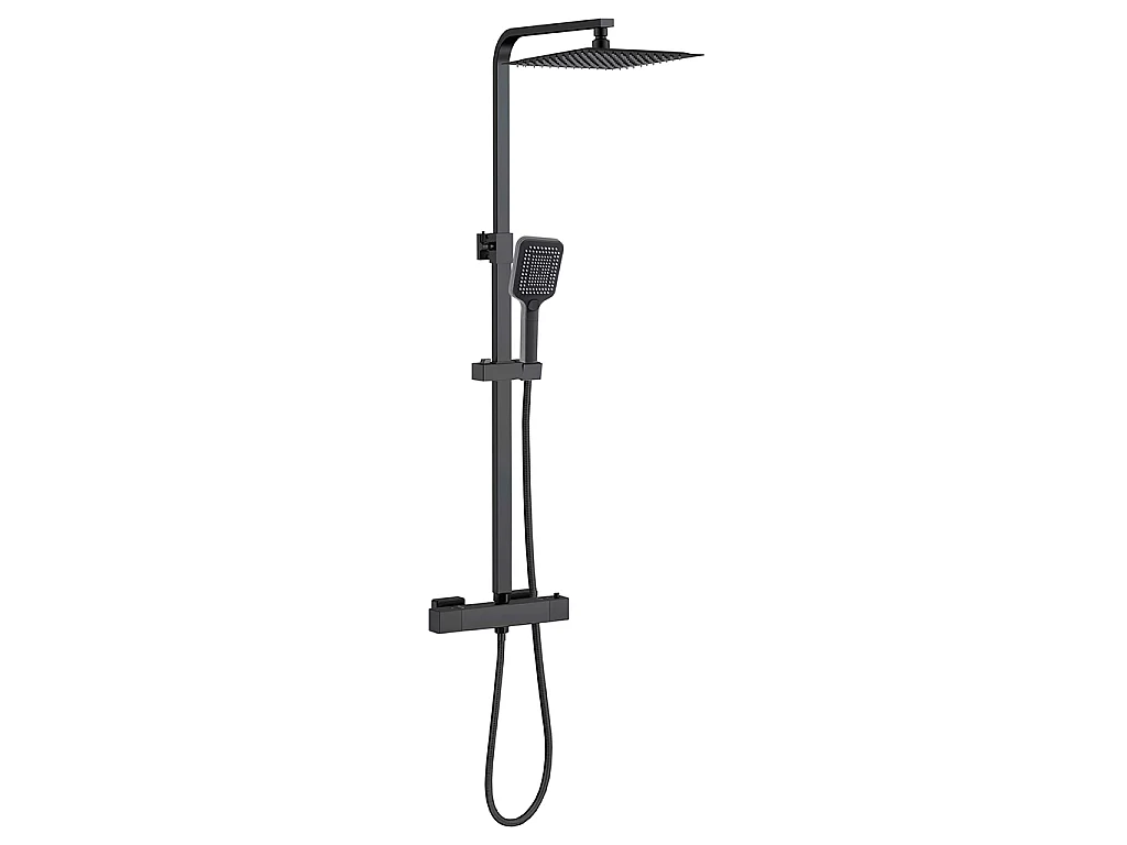 Colonna doccia idromassaggio con rubinetto termostatico, soffione quadrato 30x30cm in acciaio inox, nero opaco
