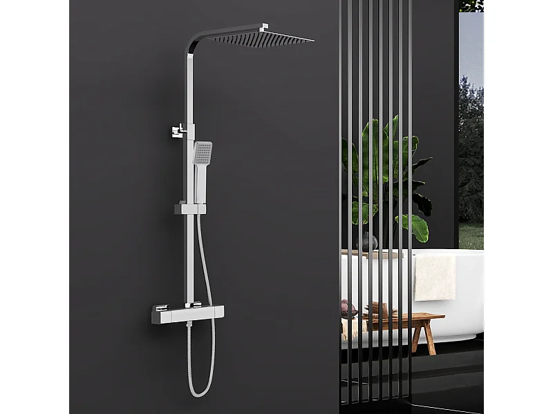 Colonna doccia idromassaggio con rubinetto termostatico, soffione quadrato 25x25cm in acciaio inox, cromato lucido