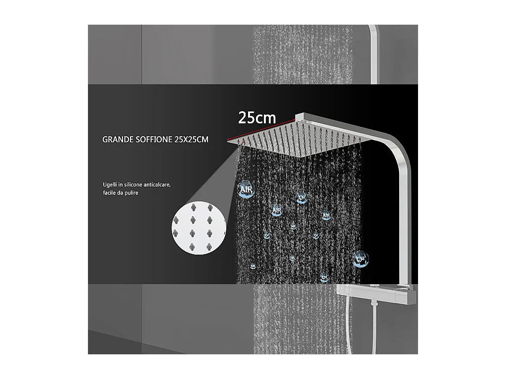 Colonna doccia idromassaggio con rubinetto termostatico, soffione quadrato 25x25cm in acciaio inox, cromato lucido