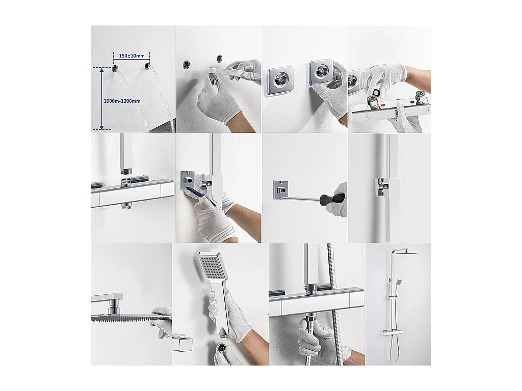 Colonna doccia idromassaggio con rubinetto termostatico, soffione quadrato 25x25cm in acciaio inox, cromato lucido