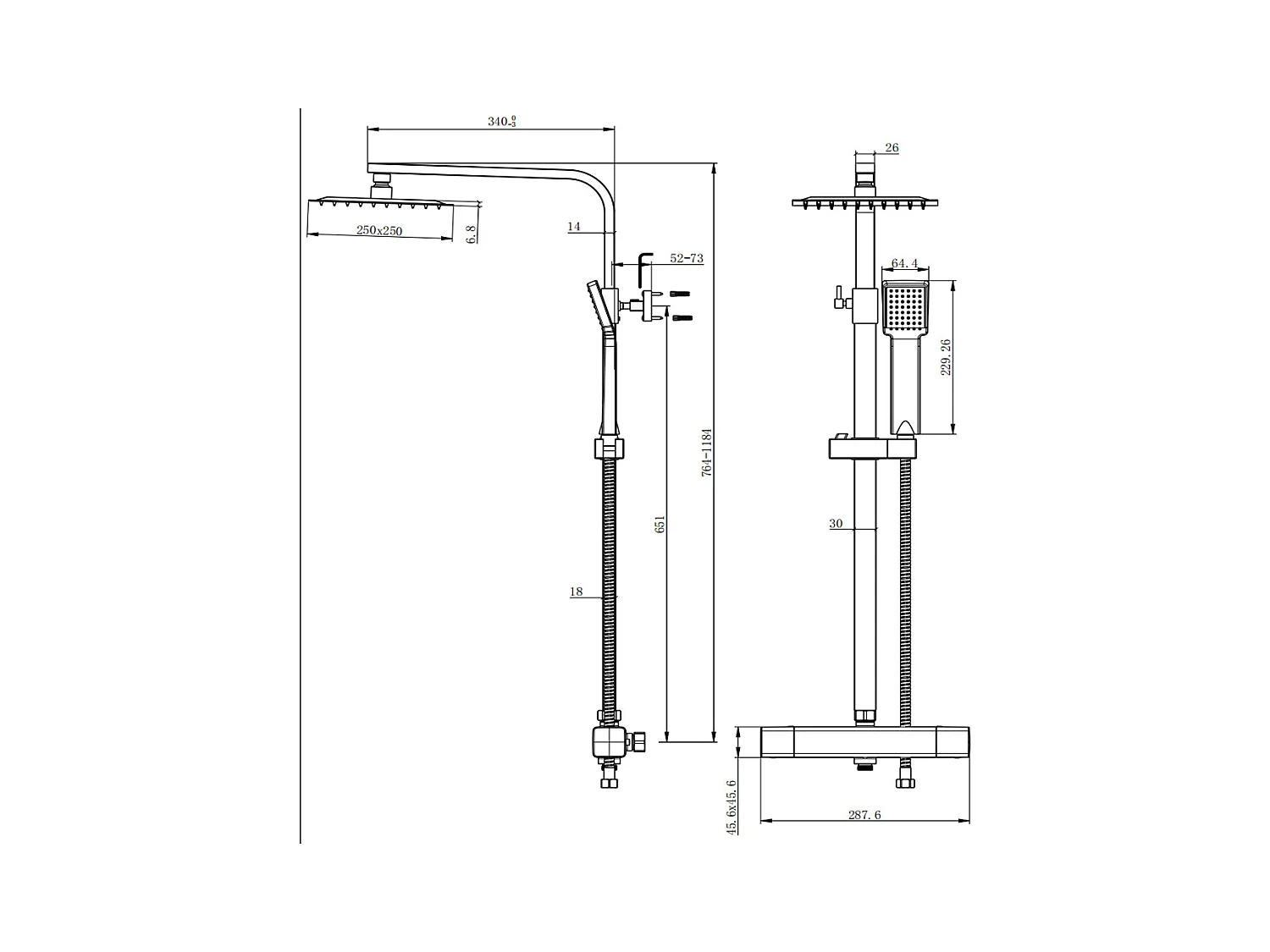 Colonna doccia idromassaggio con rubinetto termostatico, soffione quadrato 25x25cm in acciaio inox, cromato lucido