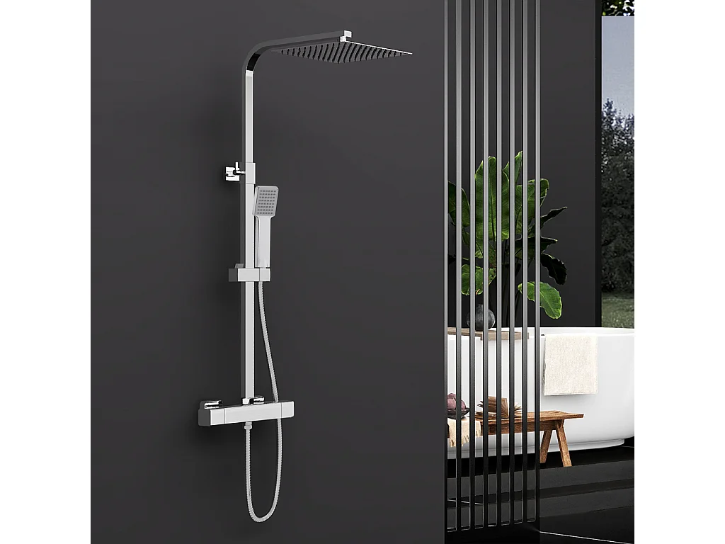 Colonna doccia idromassaggio con rubinetto termostatico, soffione quadrato 25x25cm in acciaio inox, cromato lucido