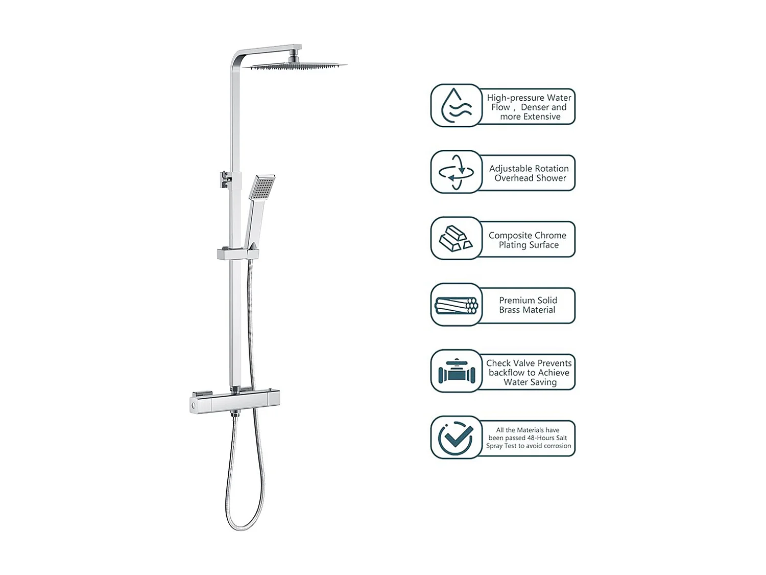 Colonna doccia idromassaggio con rubinetto termostatico, soffione quadrato 25x25cm in acciaio inox, cromato lucido