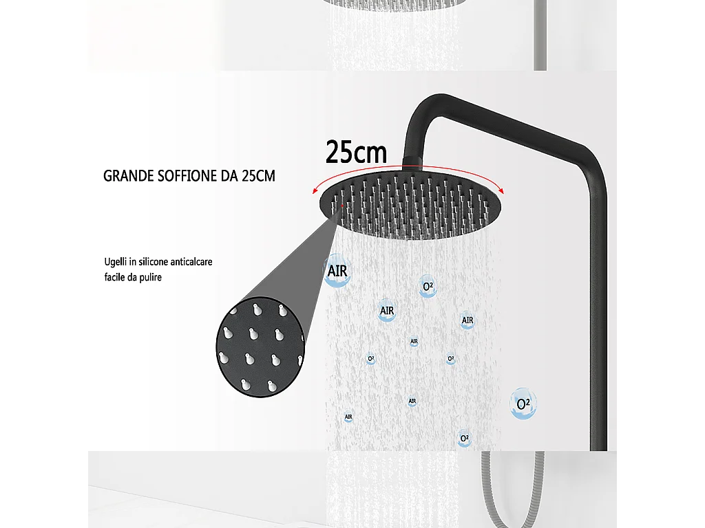 Colonna doccia idromassaggio con rubinetto termostatico, soffione rotondo 25x25cm in acciaio inox, nero opaco