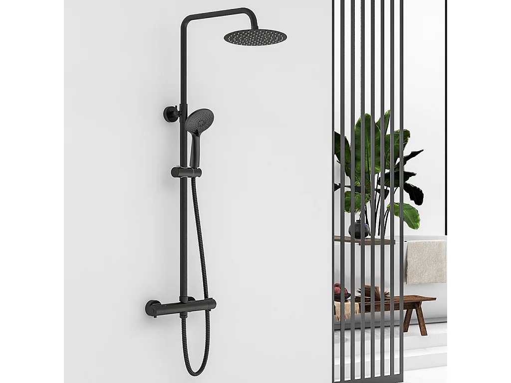 Colonna doccia idromassaggio con rubinetto termostatico, soffione rotondo 25x25cm in acciaio inox, nero opaco